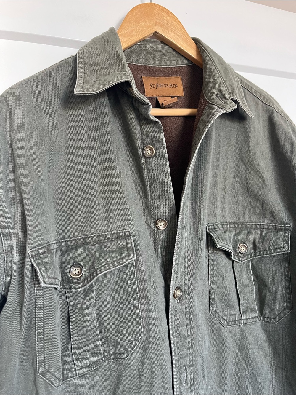 St. John’s Bay Fleece Lined Shirt Jacket Mens M Olive Green Cotton Shacket - Picture 3 of 9